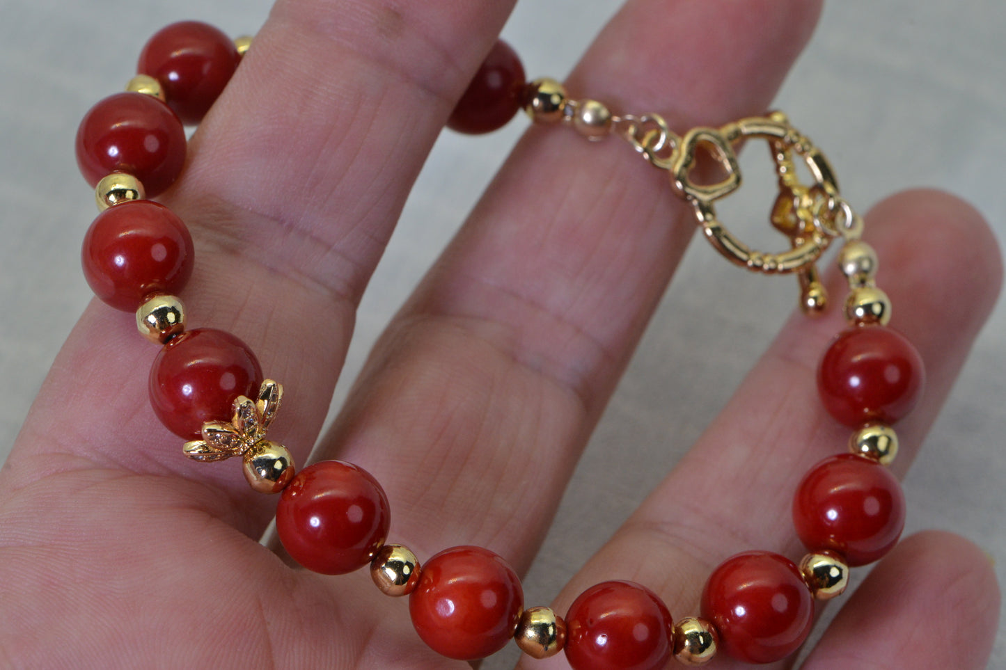 Natural Red Coral Bracelet, Genuine Coral Jewelry, Gold Beaded Bracelet Toggle Clasp Bracelet, Handmade Gift for Women