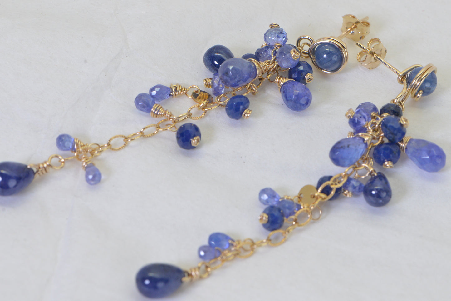 Natural Sapphire Tanzanite & Kyanite Chandelier Earrings, 14K Gold Filled, Long Blue Purple Gemstone Cluster Earrings, One of a Kind