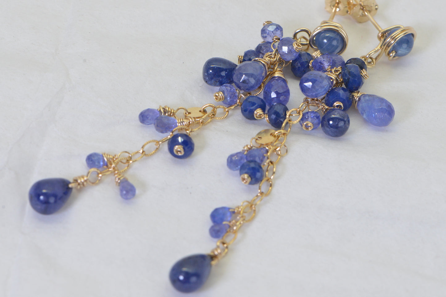 Natural Sapphire Tanzanite & Kyanite Chandelier Earrings, 14K Gold Filled, Long Blue Purple Gemstone Cluster Earrings, One of a Kind