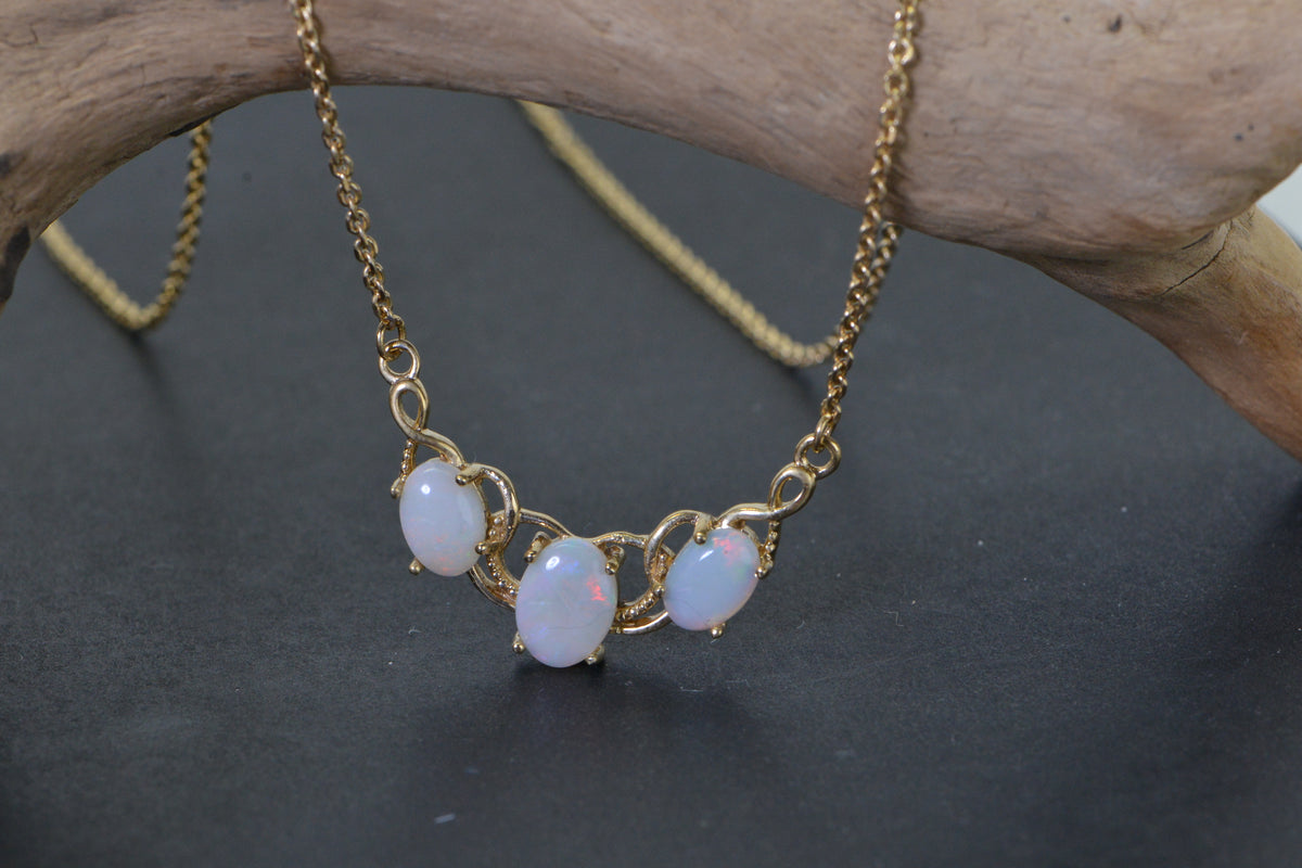 Australian Opal White Oval Three stone 24K Gold Vermeil Sterling Silver