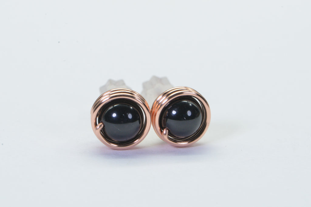 Black Tourmaline Stud Earrings: Handmade Copper Wire Wrapped Gemstone