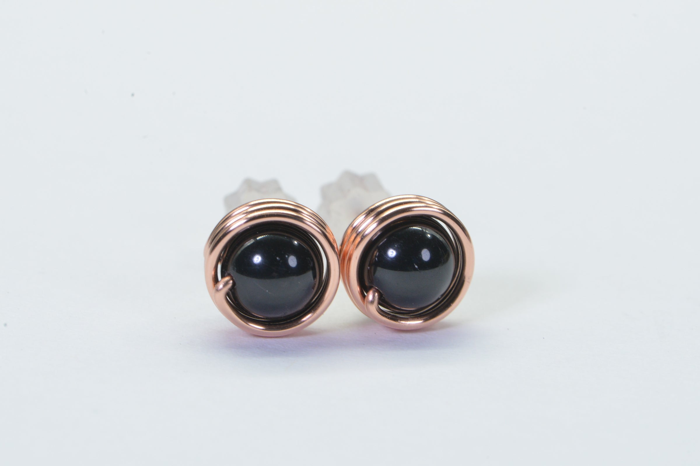 Black Tourmaline Stud Earrings: Handmade Copper Wire Wrapped Gemstone
