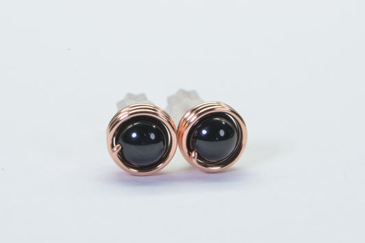 Black Tourmaline Stud Earrings: Handmade Copper Wire Wrapped Gemstone