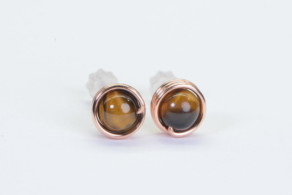 Black Tourmaline Stud Earrings: Handmade Copper Wire Wrapped Gemstone