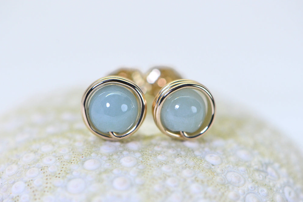 Jade Ice Green Wire Wrapped 14K Gold Petite Stud Earrings