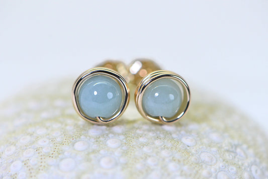Jade Ice Green Wire Wrapped 14K Gold Petite Stud Earrings