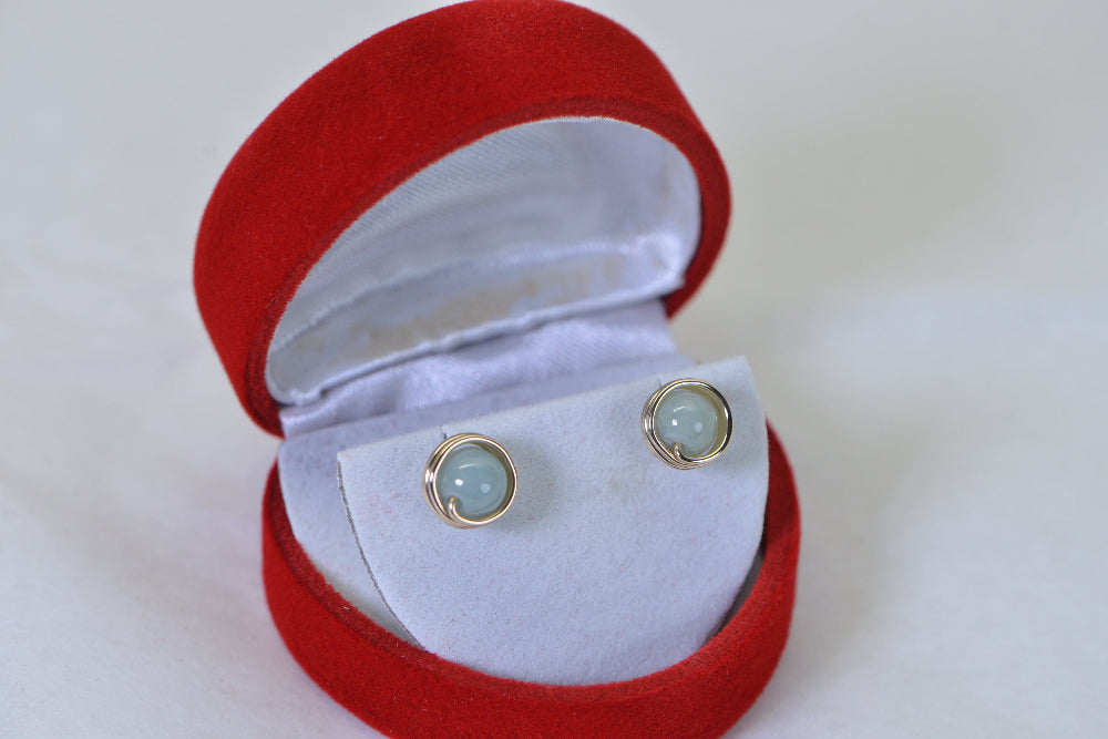 Jade Ice Green Wire Wrapped 14K Gold Petite Stud Earrings