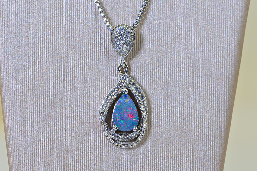 Australian Black Opal Doublet Pendant, Diamond Accent Necklace, 14K White Gold Over 925 Sterling Silver, Opal Jewelry Gift for Women