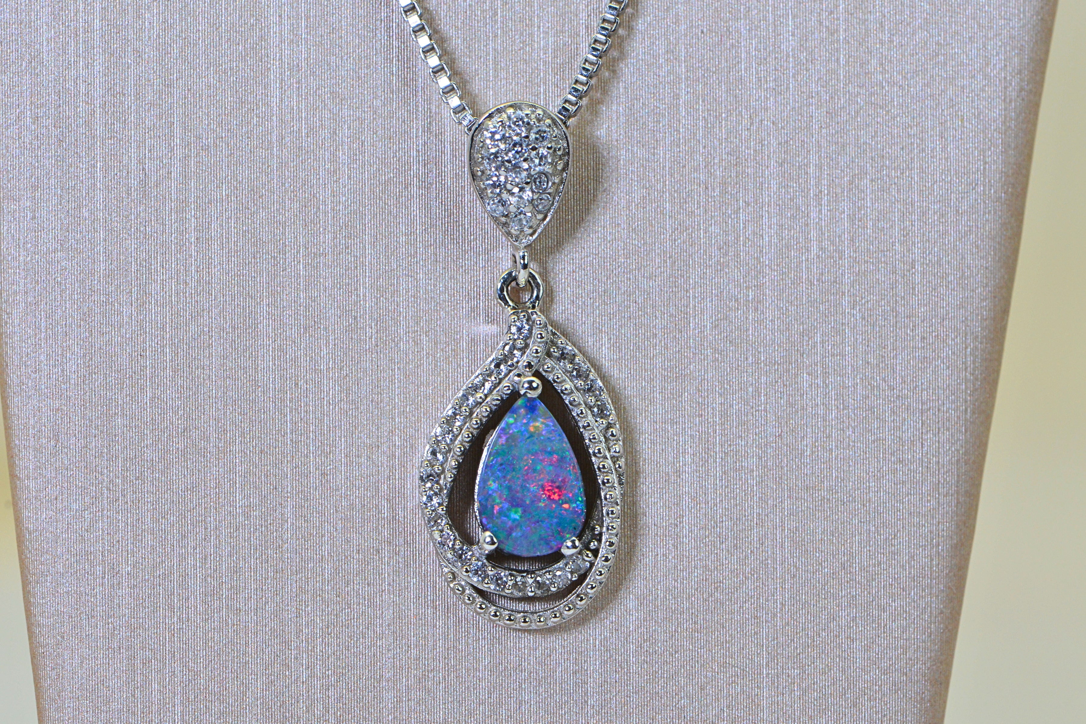 Australian Black Opal Doublet Pendant, Diamond Accent Necklace, 14K White Gold Over 925 Sterling Silver, Opal Jewelry Gift for Women