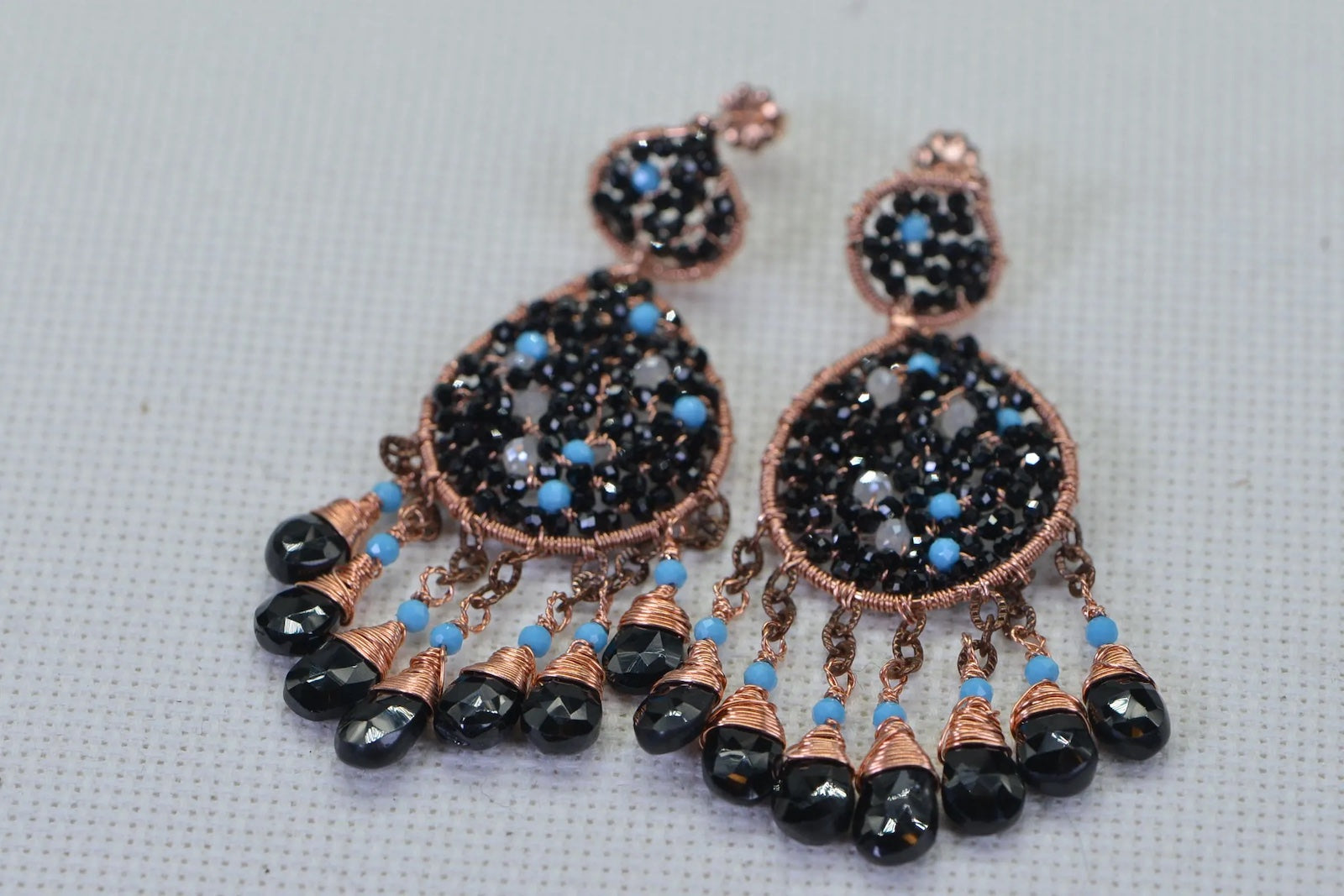 Black Tourmaline Teardrop Earrings: Copper Wire Wrapped, Turquoise & Crystal