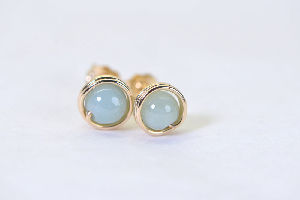 Jade Ice Green Wire Wrapped 14K Gold Petite Stud Earrings