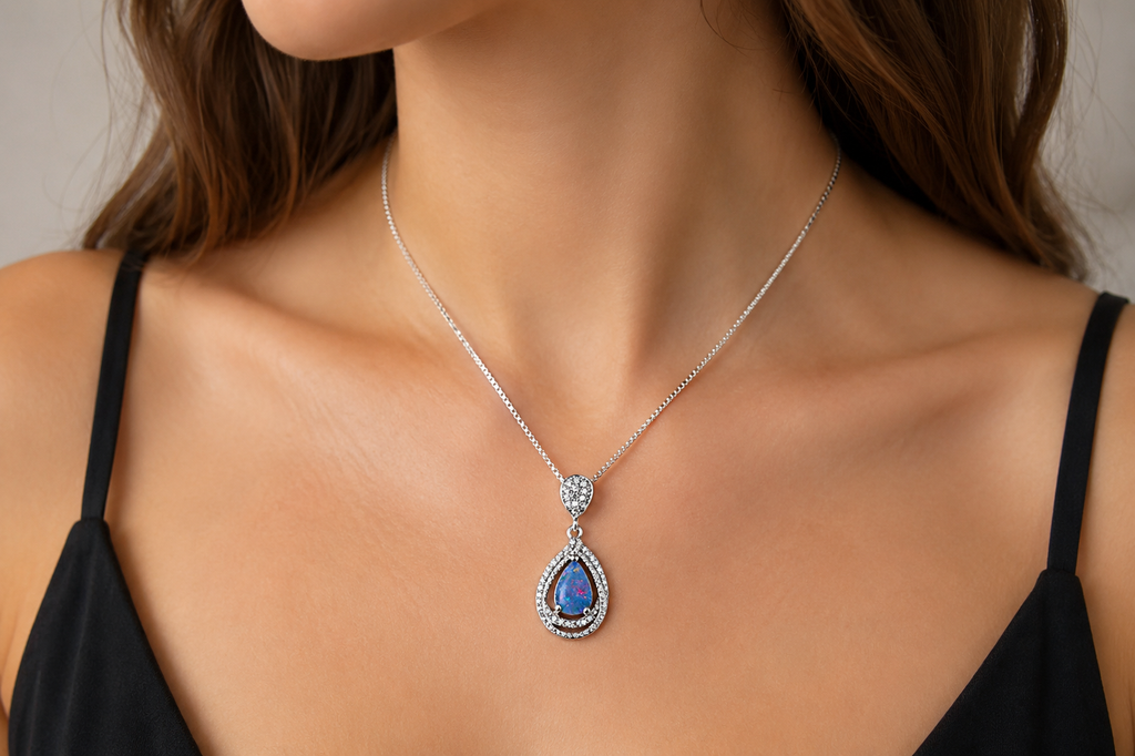Australian Black Opal Doublet Pendant, Diamond Accent Necklace, 14K White Gold Over 925 Sterling Silver, Opal Jewelry Gift for Women