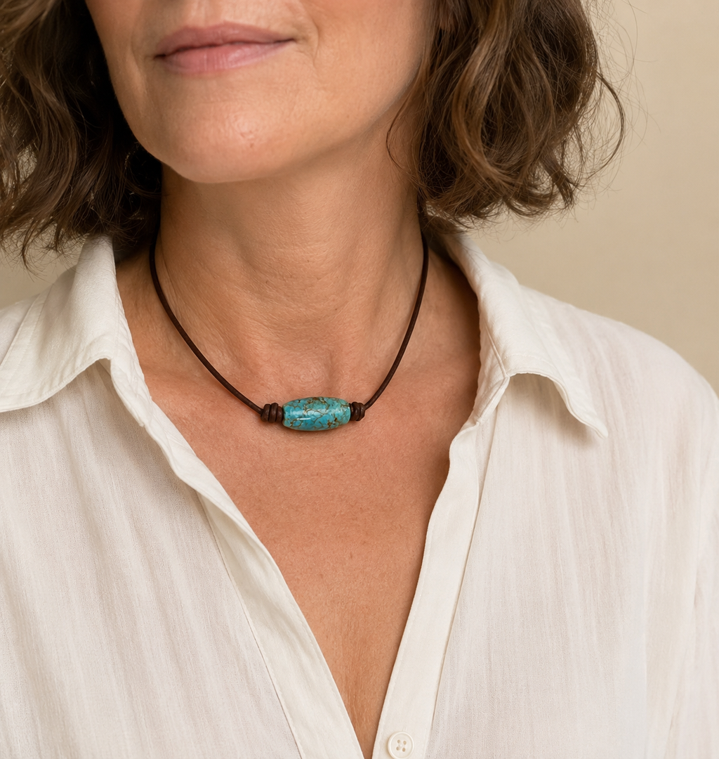 Sleeping Beauty Turquoise Necklace: Raw Stone Hand Cutting Barrel, Leather Cord Choise