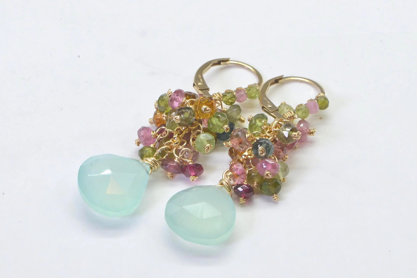 Tourmaline & Chalcedony Cluster Earrings: 14K Gold Filled Dangle