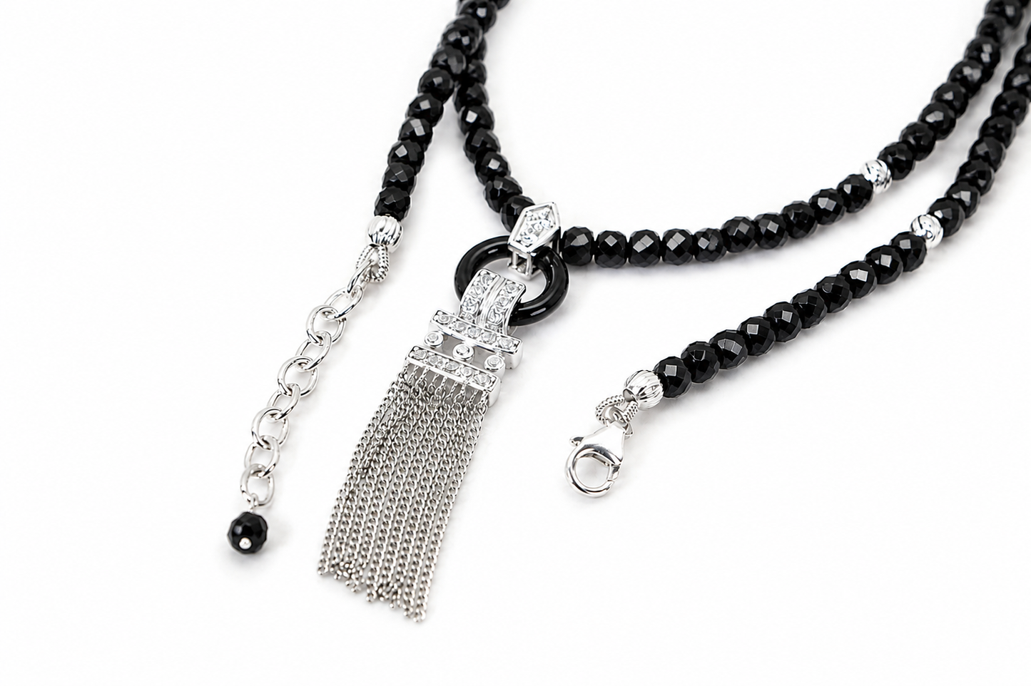 Black Tourmaline Tassel Necklace, Faceted Black Bead Necklace, Silver Tassel Pendant, Statement Necklace, Boho Chic Jewelry, Gift for Her