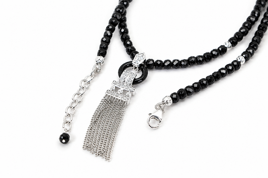 Black Tourmaline Tassel Necklace, Faceted Black Bead Necklace, Silver Tassel Pendant, Statement Necklace, Boho Chic Jewelry, Gift for Her