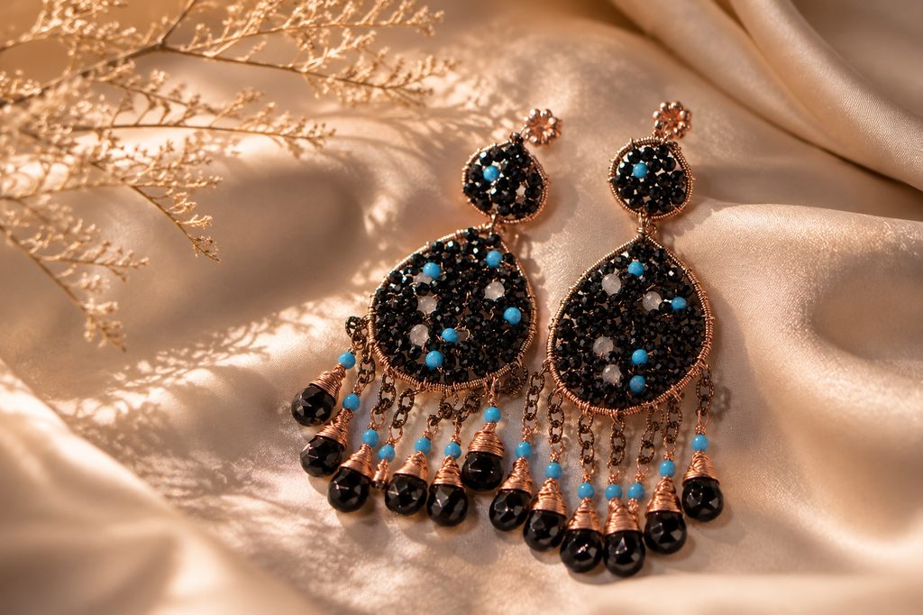 Black Tourmaline Teardrop Earrings: Copper Wire Wrapped, Turquoise & Crystal