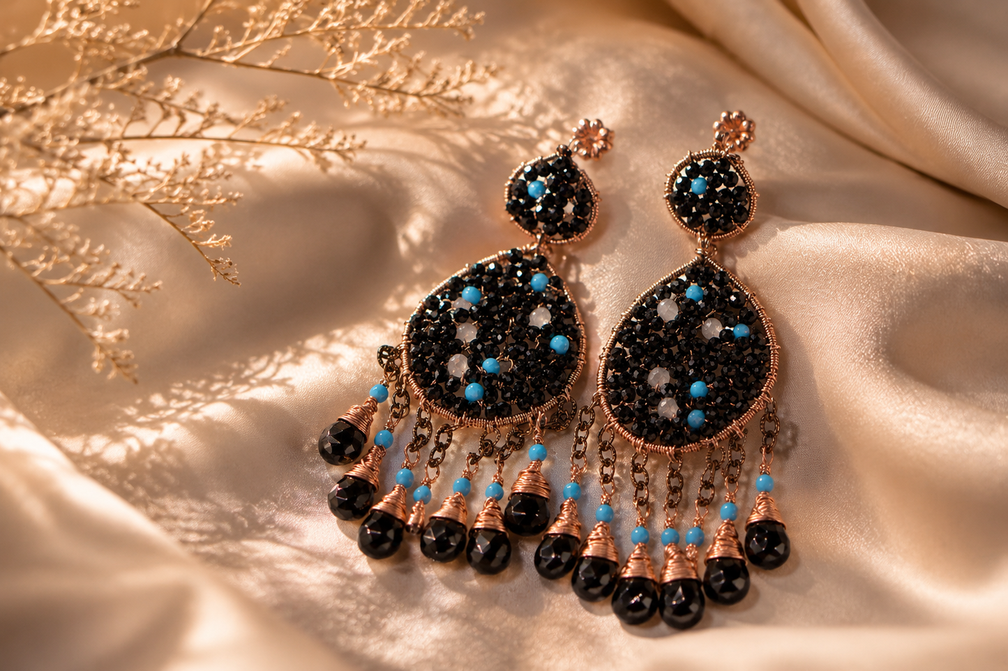 Black Tourmaline Teardrop Earrings: Copper Wire Wrapped, Turquoise & Crystal