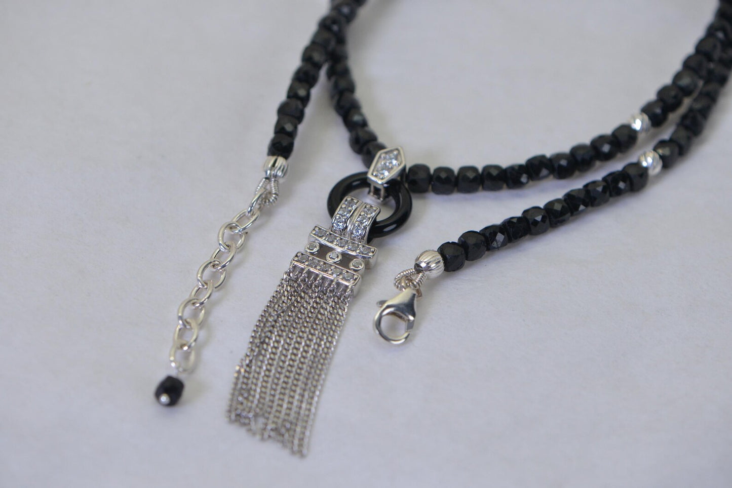 Black Tourmaline Tassel Necklace, Faceted Black Bead Necklace, Silver Tassel Pendant, Statement Necklace, Boho Chic Jewelry, Gift for Her