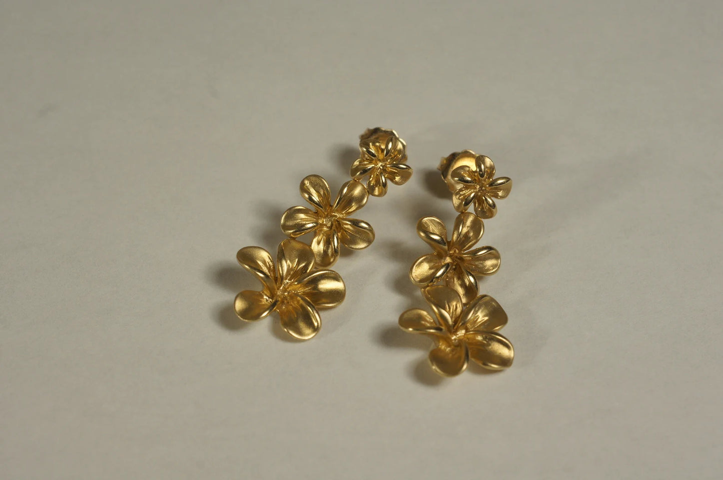 14K Yellow Gold Plumeria Flower Earrings, Graduated Floral Posts