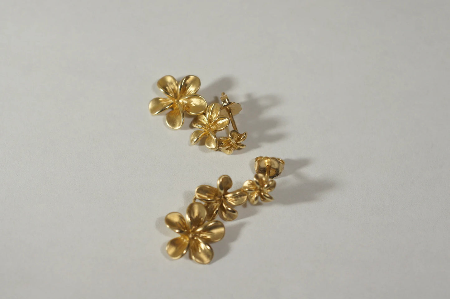 14K Yellow Gold Plumeria Flower Earrings, Graduated Floral Posts