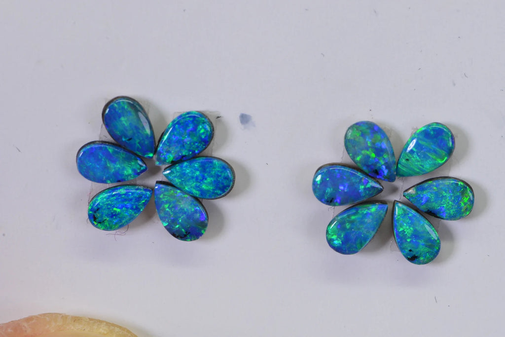 Australian Black Opal Pear Cabochons: Blue Green Metallic Doublet, 5x3 mm, 12 pc Set