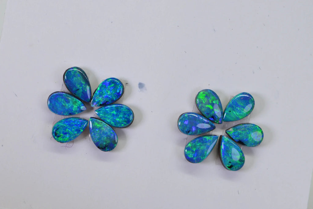 Australian Black Opal Pear Cabochons: Blue Green Metallic Doublet, 5x3 mm, 12 pc Set