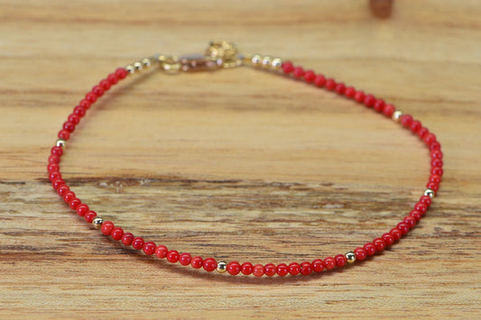 Dainty Red Coral Bracelet: Italian Mediterranean Gemstone, Gold-Filled Accents