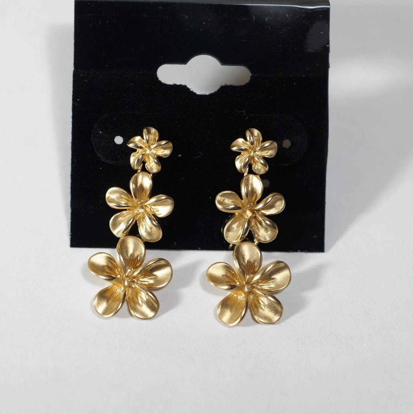 14K Yellow Gold Plumeria Flower Earrings, Graduated Floral Posts