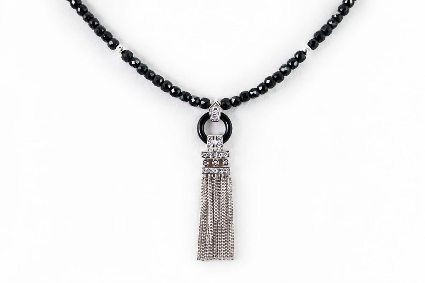 Black Tourmaline Tassel Necklace, Faceted Black Bead Necklace, Silver Tassel Pendant, Statement Necklace, Boho Chic Jewelry, Gift for Her