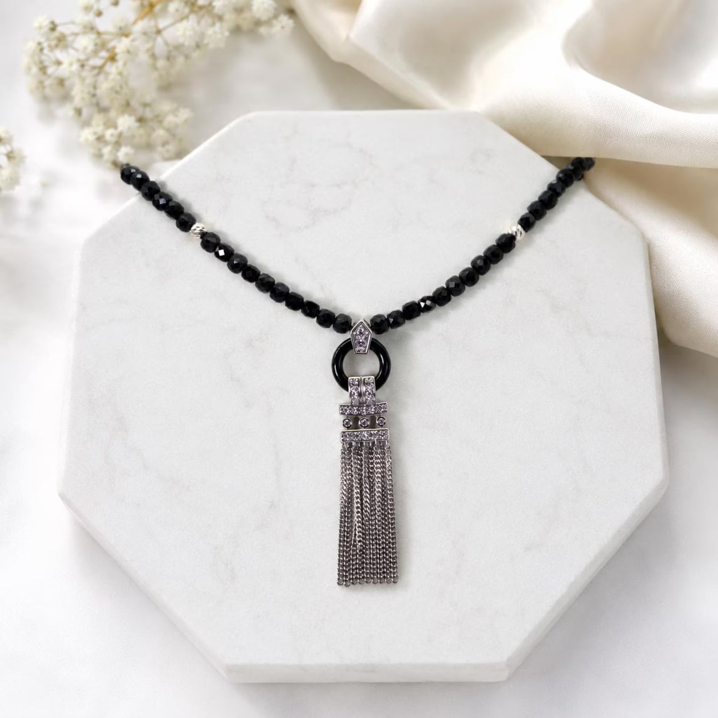 Black Tourmaline Tassel Necklace, Faceted Black Bead Necklace, Silver Tassel Pendant, Statement Necklace, Boho Chic Jewelry, Gift for Her