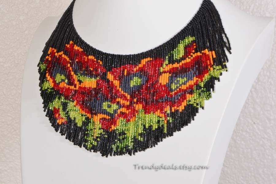 Red Poppy Flower Beaded Necklace – Seed Bead Fringe Choker