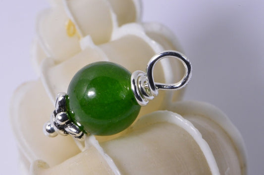Apple Green Jade Pendant, Sterling Silver Charm, 8mm Round