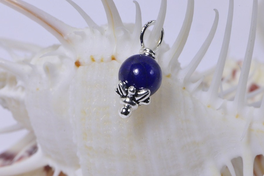 Lapis Lazuli Bead Dangle Charm, Sterling Silver Wire Wrapped Pendant