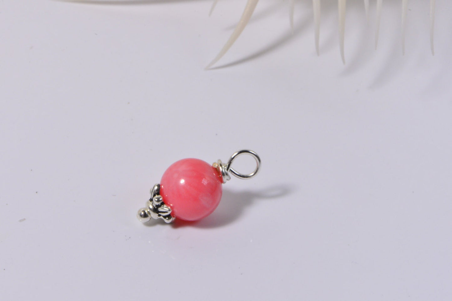 Natural Coral Pink Pendant, Silver Plated Dangle Bead Charm