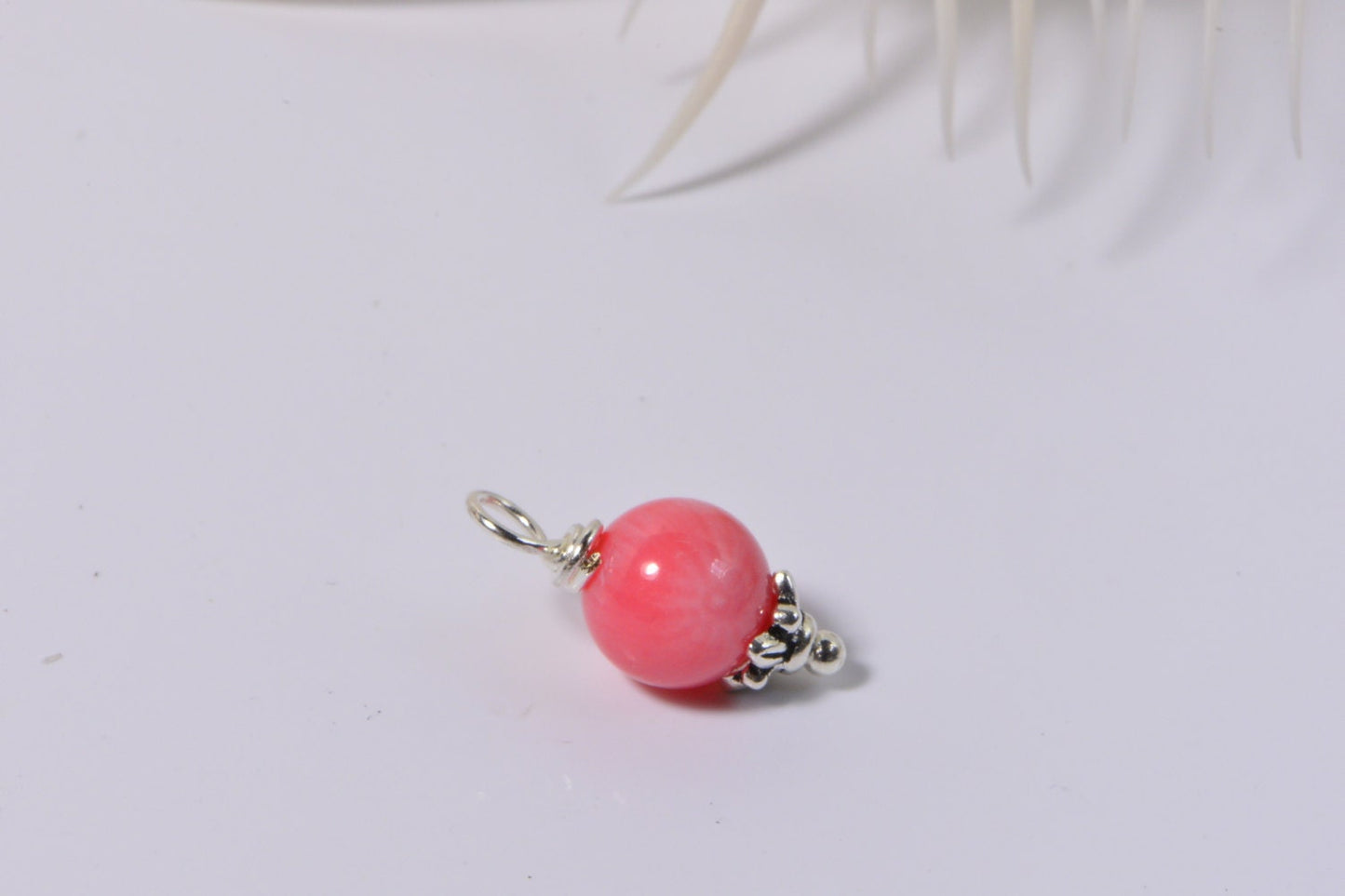Natural Coral Pink Pendant, Silver Plated Dangle Bead Charm