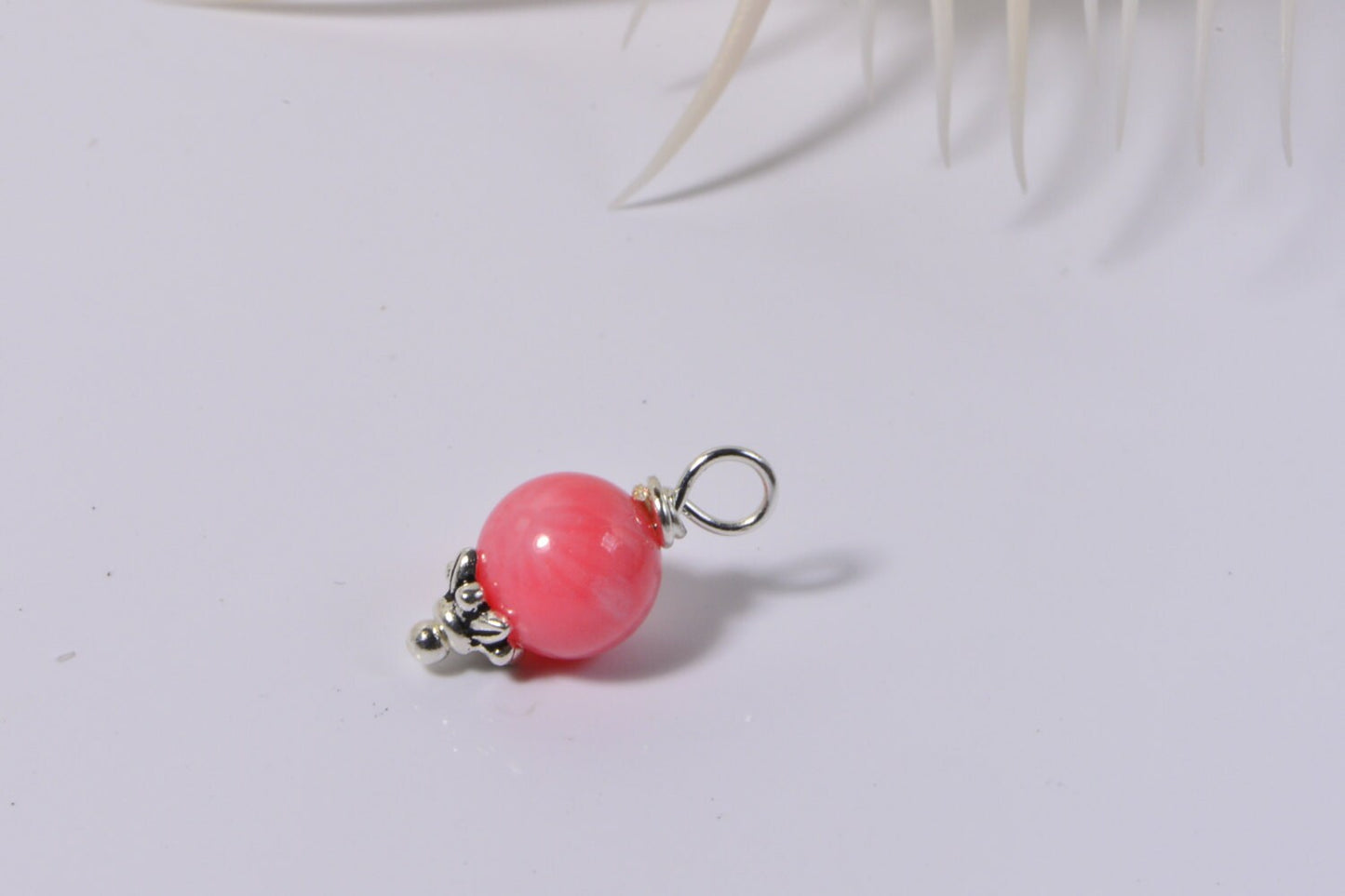 Natural Coral Pink Pendant, Silver Plated Dangle Bead Charm