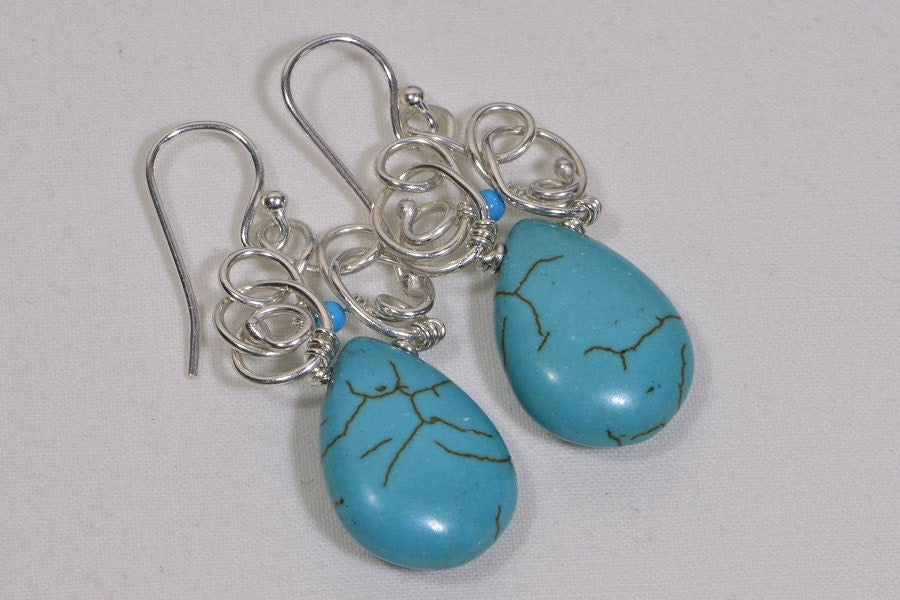 Turquoise Teardrop Earrings, Sterling Silver Wire Wrapped, Handmade
