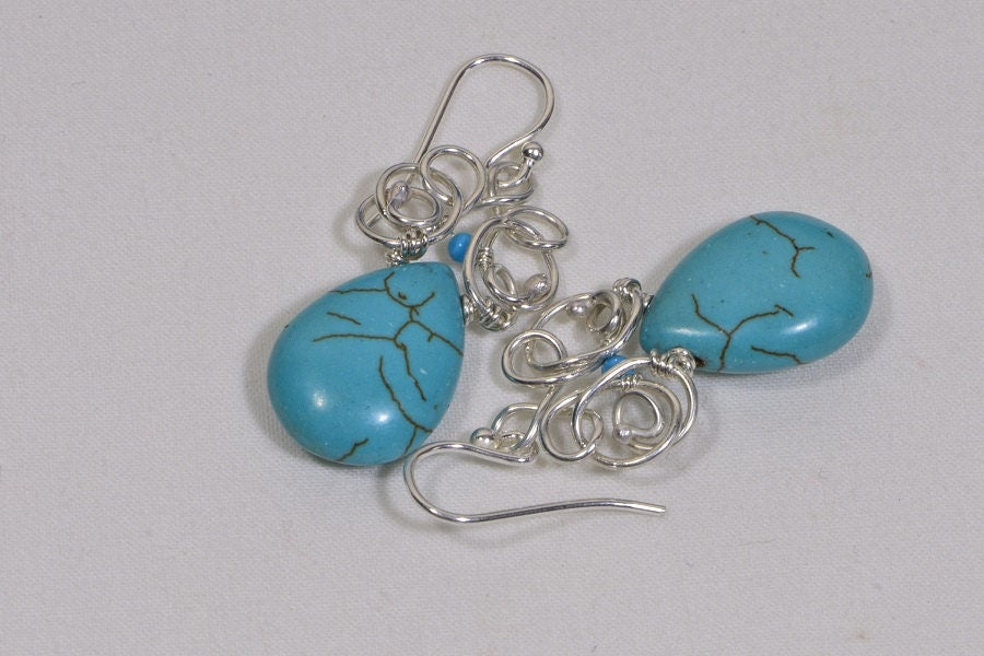 Turquoise Teardrop Earrings, Sterling Silver Wire Wrapped, Handmade