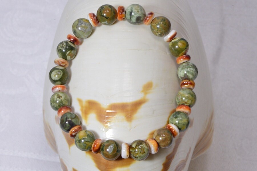 Rainforest Jasper & Oyster Shell Bracelet, 7 Inch Stretch Bracelet