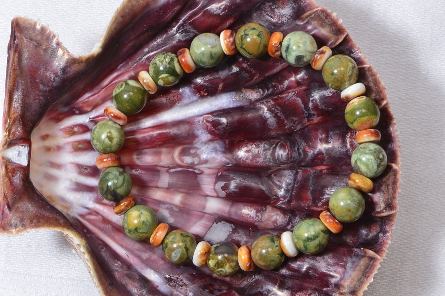 Rainforest Jasper & Oyster Shell Bracelet, 7 Inch Stretch Bracelet