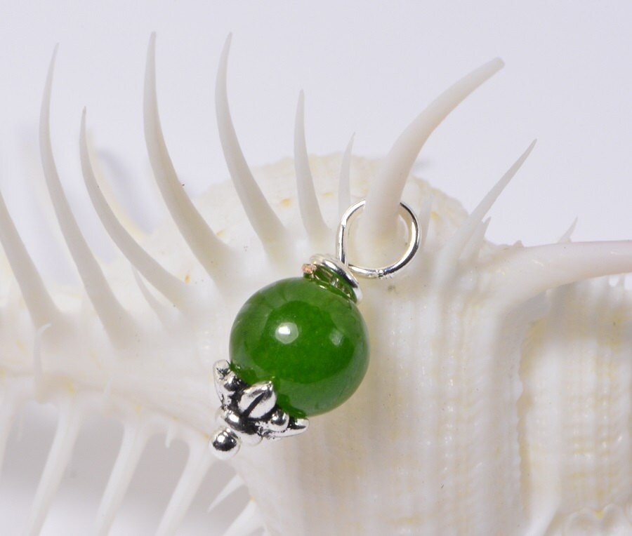 Apple Green Jade Pendant, Sterling Silver Charm, 8mm Round