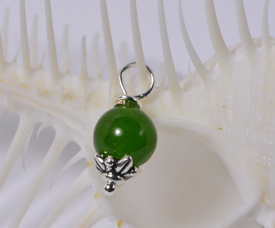 Apple Green Jade Pendant, Sterling Silver Charm, 8mm Round