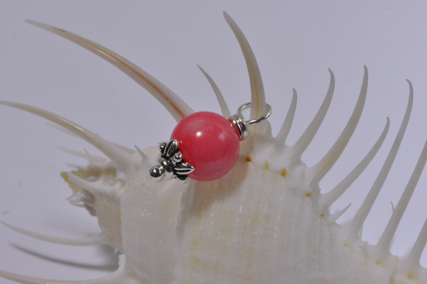 Natural Coral Pink Pendant, Silver Plated Dangle Bead Charm