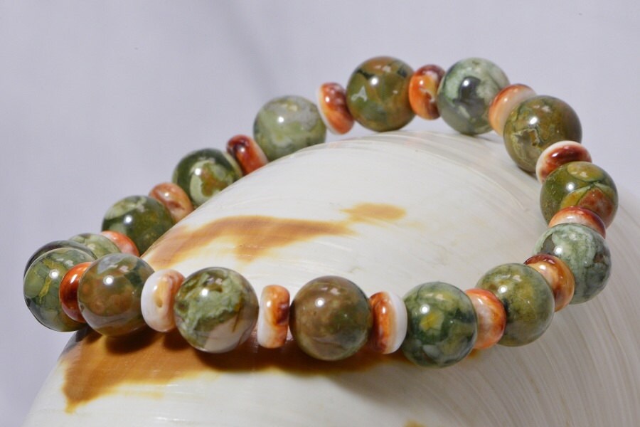 Rainforest Jasper & Oyster Shell Bracelet, 7 Inch Stretch Bracelet