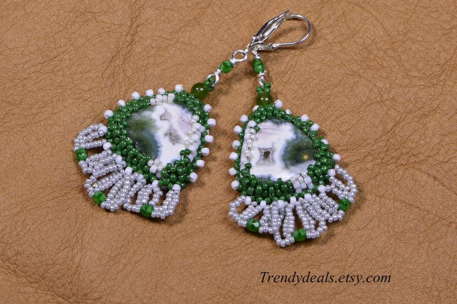 Ocean Jasper Earrings Beaded Earrings Embroidery Seed beads Earrings Peyote beaded Earrings