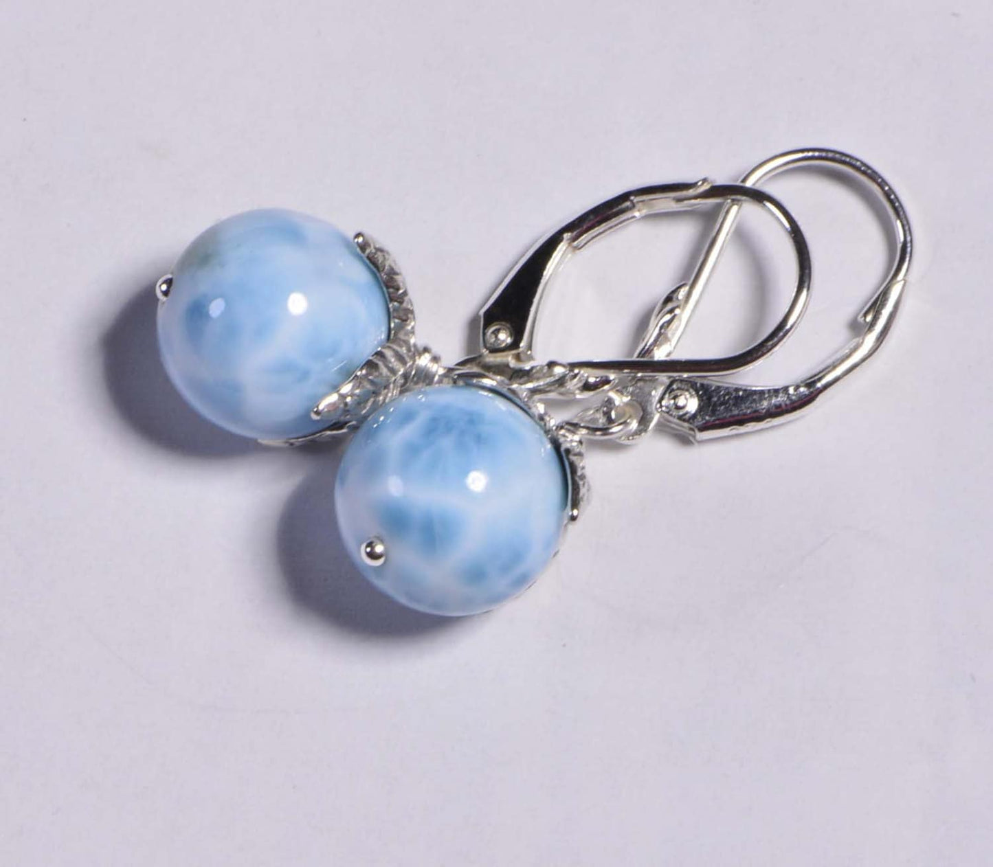 Larimar Earrings, Sterling Silver Wire Wrapped, Handmade Turtleback Stone