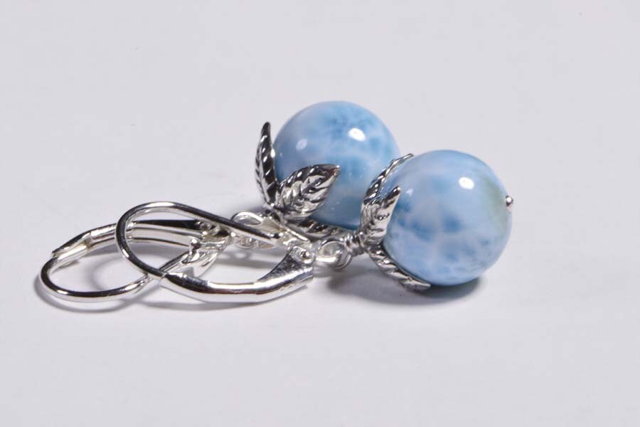 Larimar Earrings, Sterling Silver Wire Wrapped, Handmade Turtleback Stone