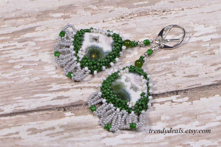 Ocean Jasper Earrings Beaded Earrings Embroidery Seed beads Earrings Peyote beaded Earrings