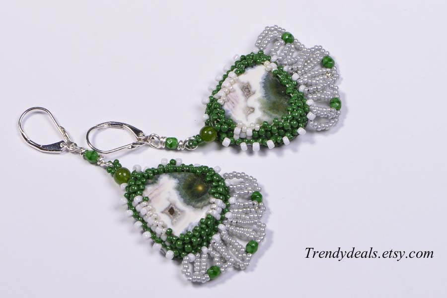 Ocean Jasper Earrings Beaded Earrings Embroidery Seed beads Earrings Peyote beaded Earrings